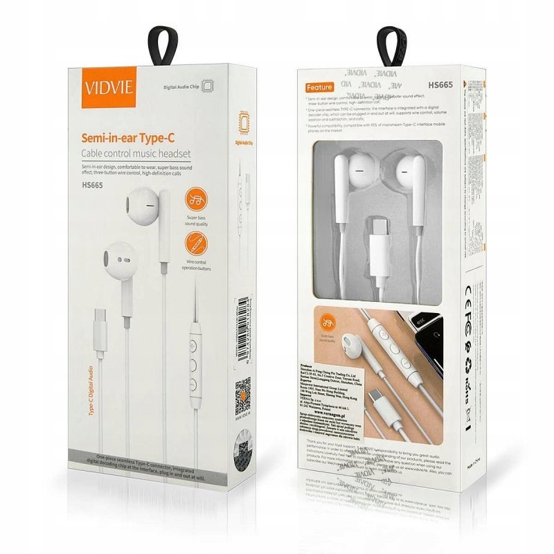 Słuchawki z kablem Vidvie HS666 Type C biały