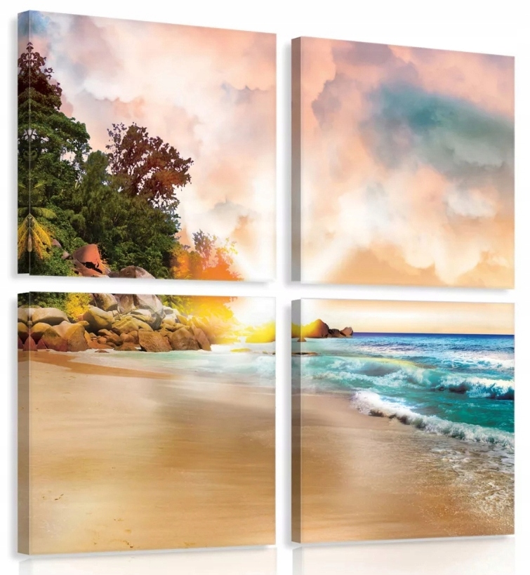 Obraz 50x50 Tropická pláž východ/západ slunce oceán vlny palmy klid