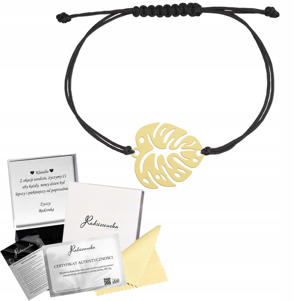 Zlatý náramek List Monstery Šňůrka Dárek Šperky 925 Dedikace
