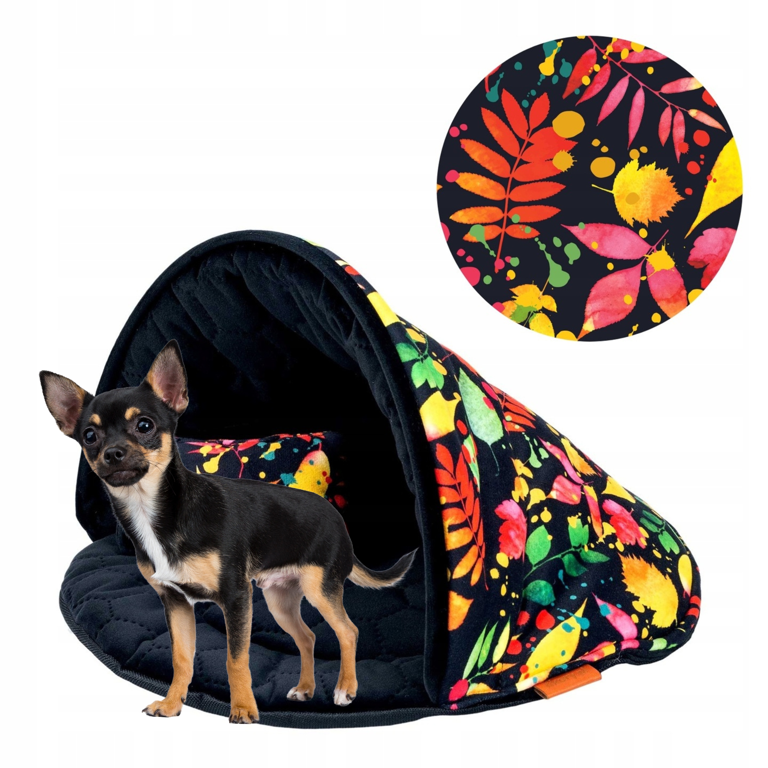 Domeček Potah pro malého psa 50x50x34 cm Xs Ukory Černé s barevnými listy