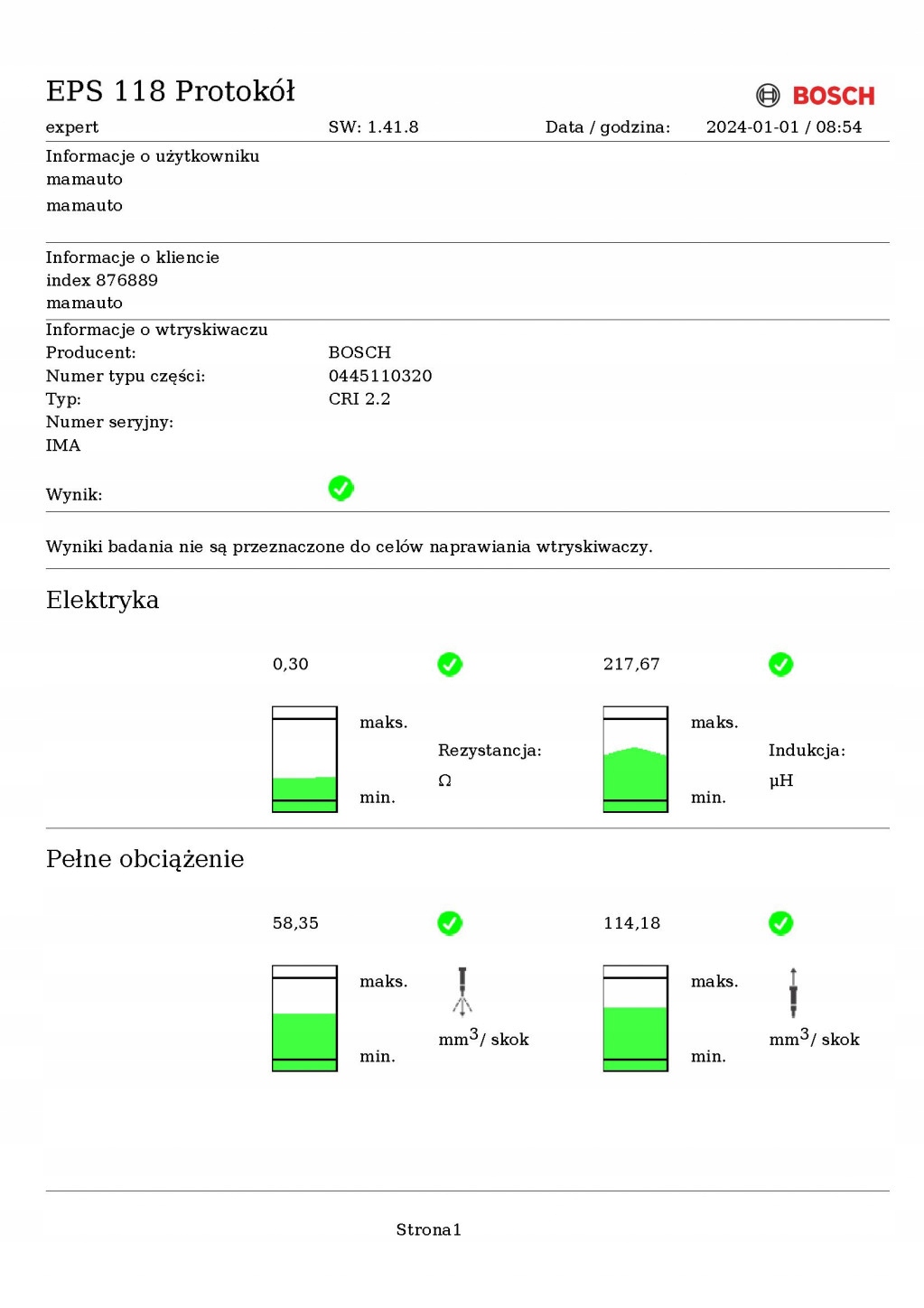 nozzle injector test 33800-2A900 0445110320 KIA CEED 1 and 1.6 CRDI 116 KM