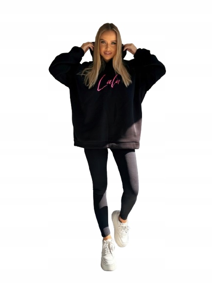 Dlouhá dámská mikina s klokanka s kapucí černá LaLu růžové logo