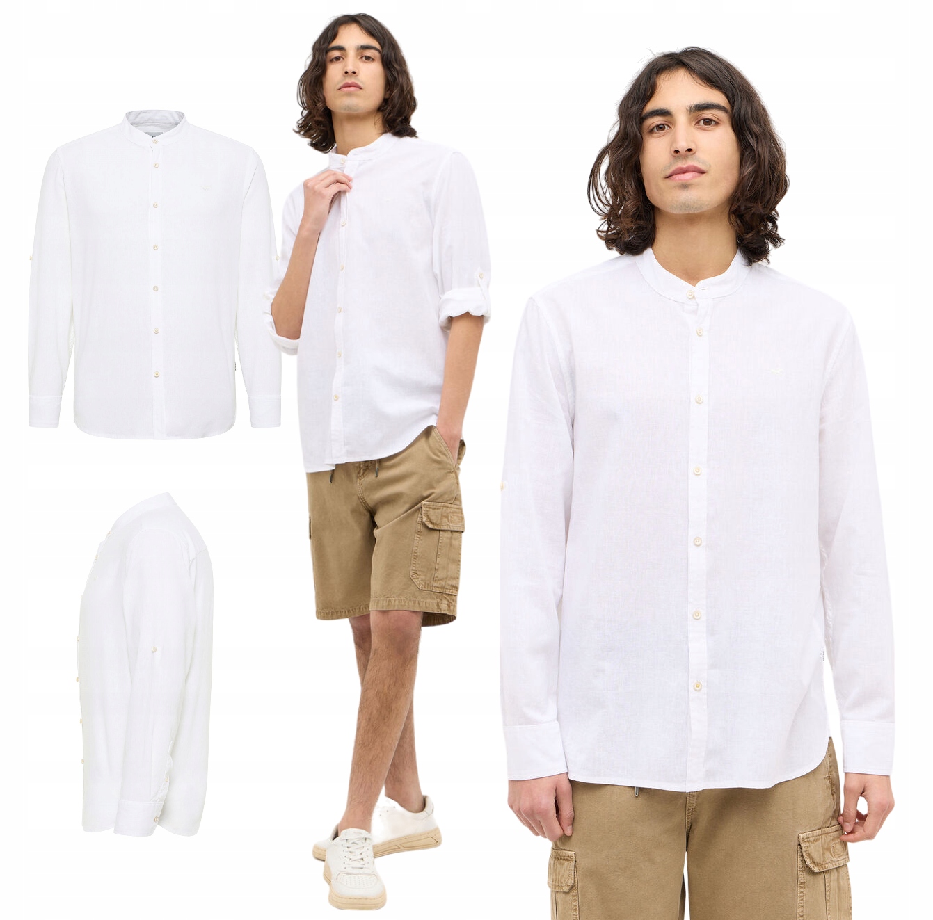 Pánská košile Mustang Dlouhý rukáv Len Bavlna Bílá Na Stojce Yuma vel. S