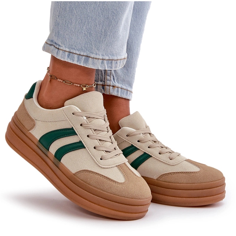 Sneakersy Damskie Modne Niskie Sznurowane Na Platformie Beżowo-zielone 38