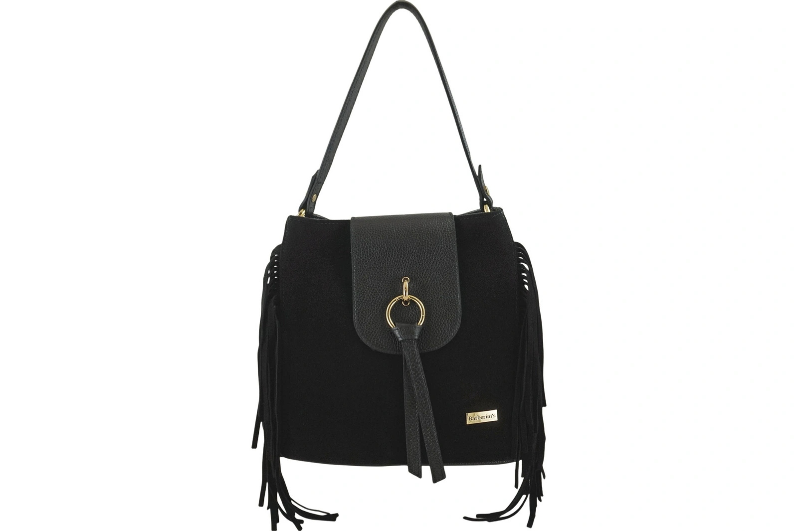 Kožená kabelka boho s třásněmi černá