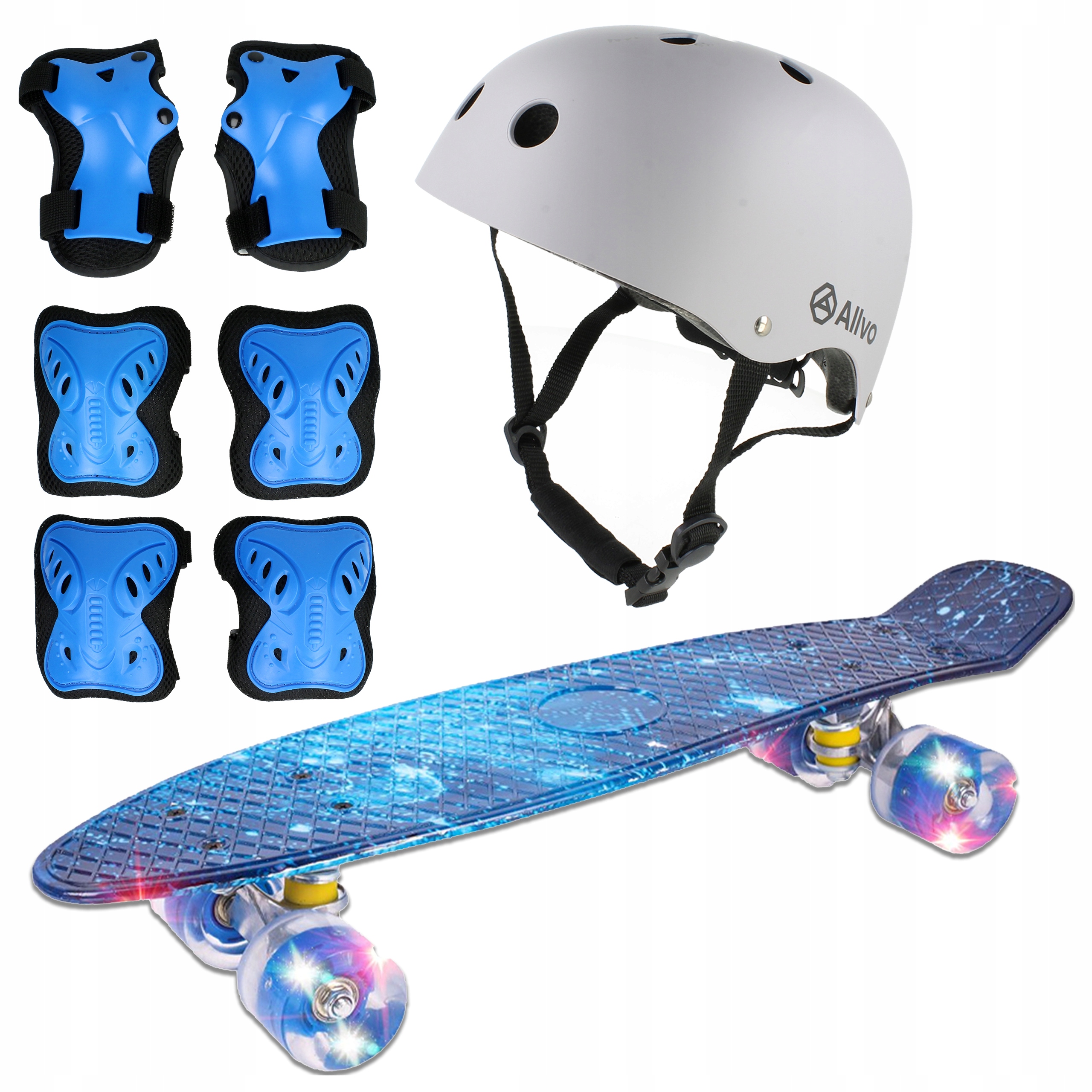 Deskorolka dla dzieci Led Rgb 56cm Fiszka kask 54-58 ochraniacze Zestaw