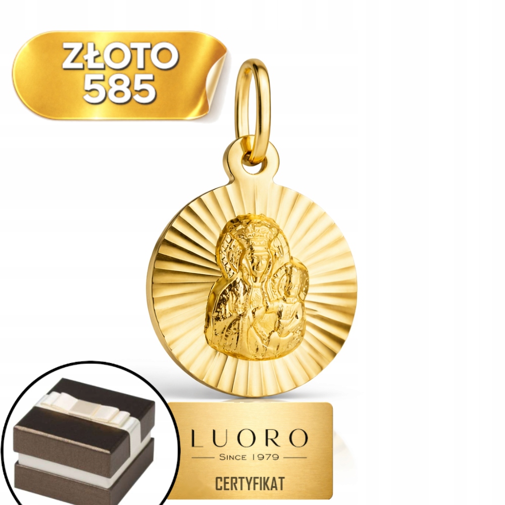 Zlatý Medailon 585 14K Panna Maria Čenstochovská Diamantové Kolo 18 CM