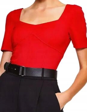 Czerwona Gładka Bluzka Krótki Rękaw Kwadratowy Dekolt Karen Millen 36