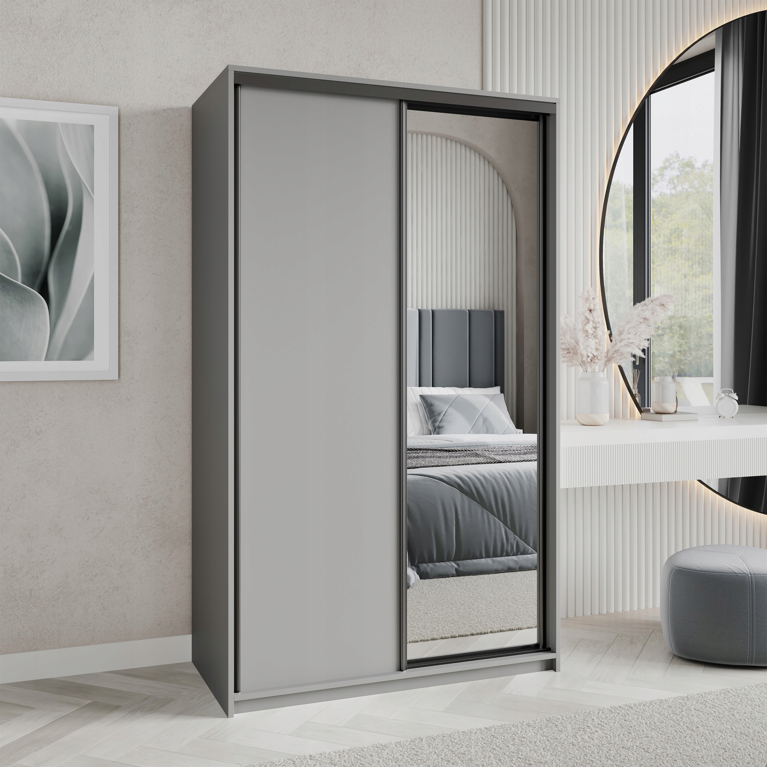 Skříň Posuvná dvoudveřová Tavi 120 cm se zrcadlem Zásuvky Grafit Černá