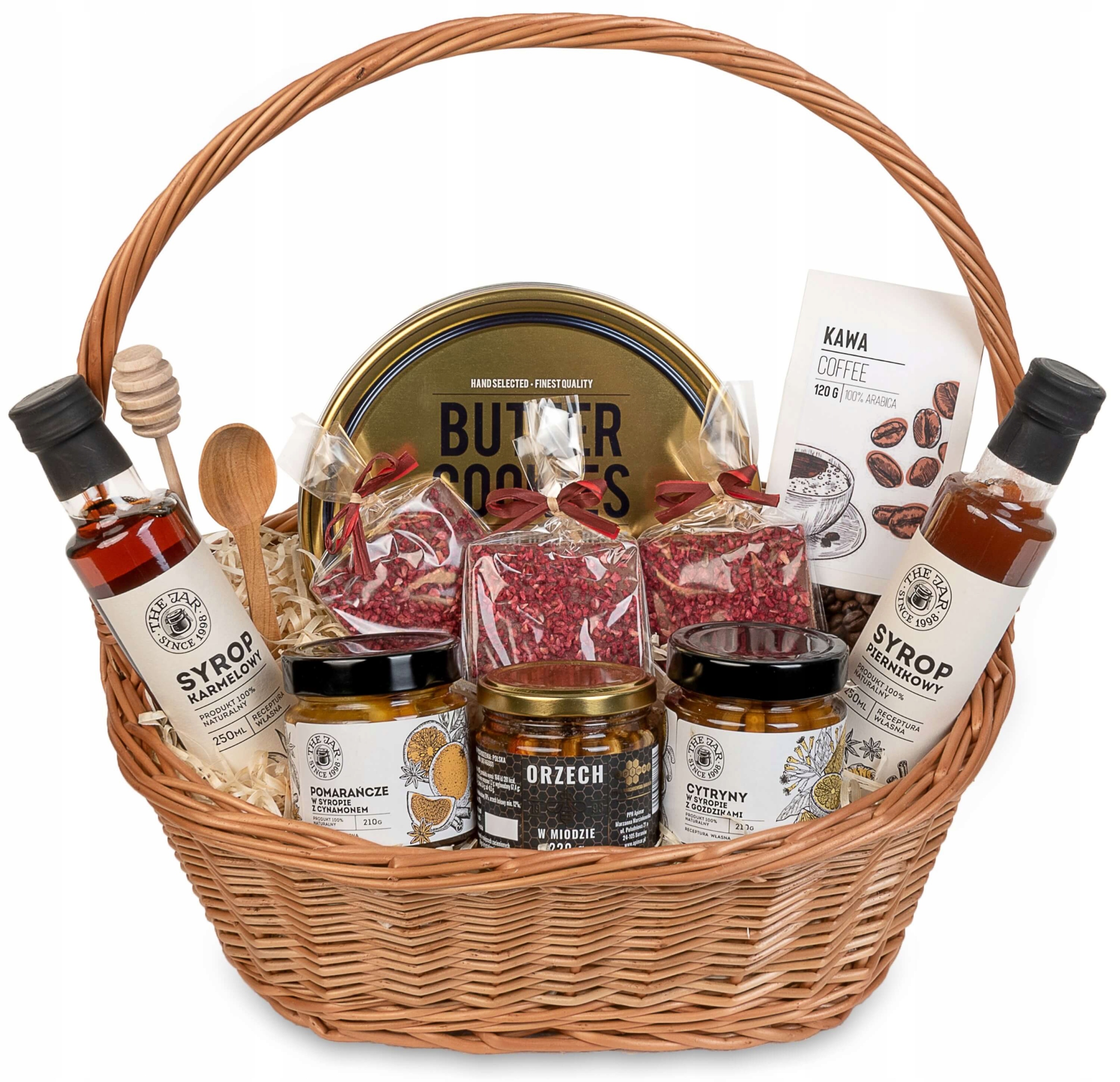 Levně Dárkový koš proutěný sada čokoládových sušenek káva zavařeniny sirupy