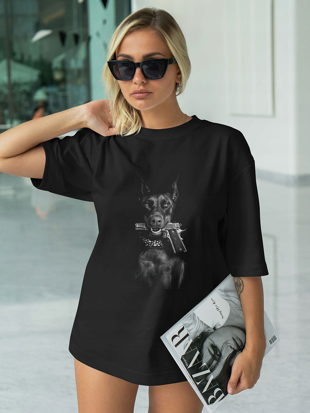 T-SHIRT OVERSIZE LUŹNA KOSZULKA BASIC DOBERMAN PISTOLET XL SUKIENKA Rozmiar XL