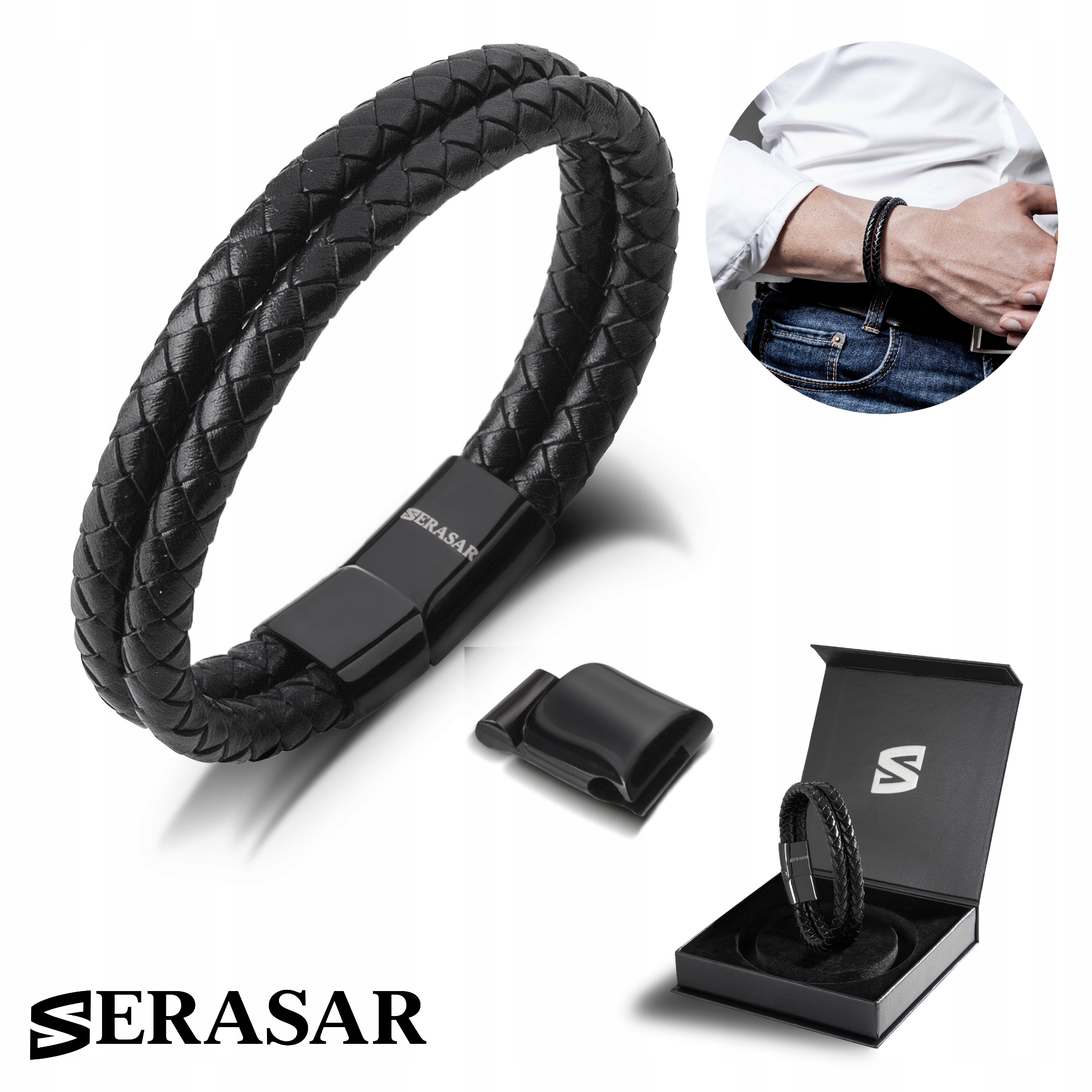 Serasar, Pánský kožený náramek [Double] Černý, 20 cm