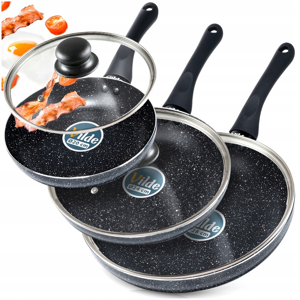 3x Granitová pánev na smažení dušení sada s poklicí 20 24 28 cm