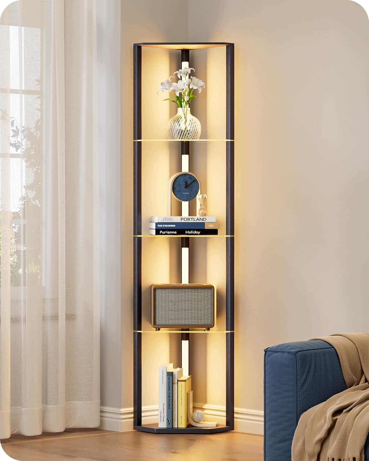 Lampa Stojąca Led Z 4 Półkami Szklnymi Ściemnialna 360° 20W Retro Mdf