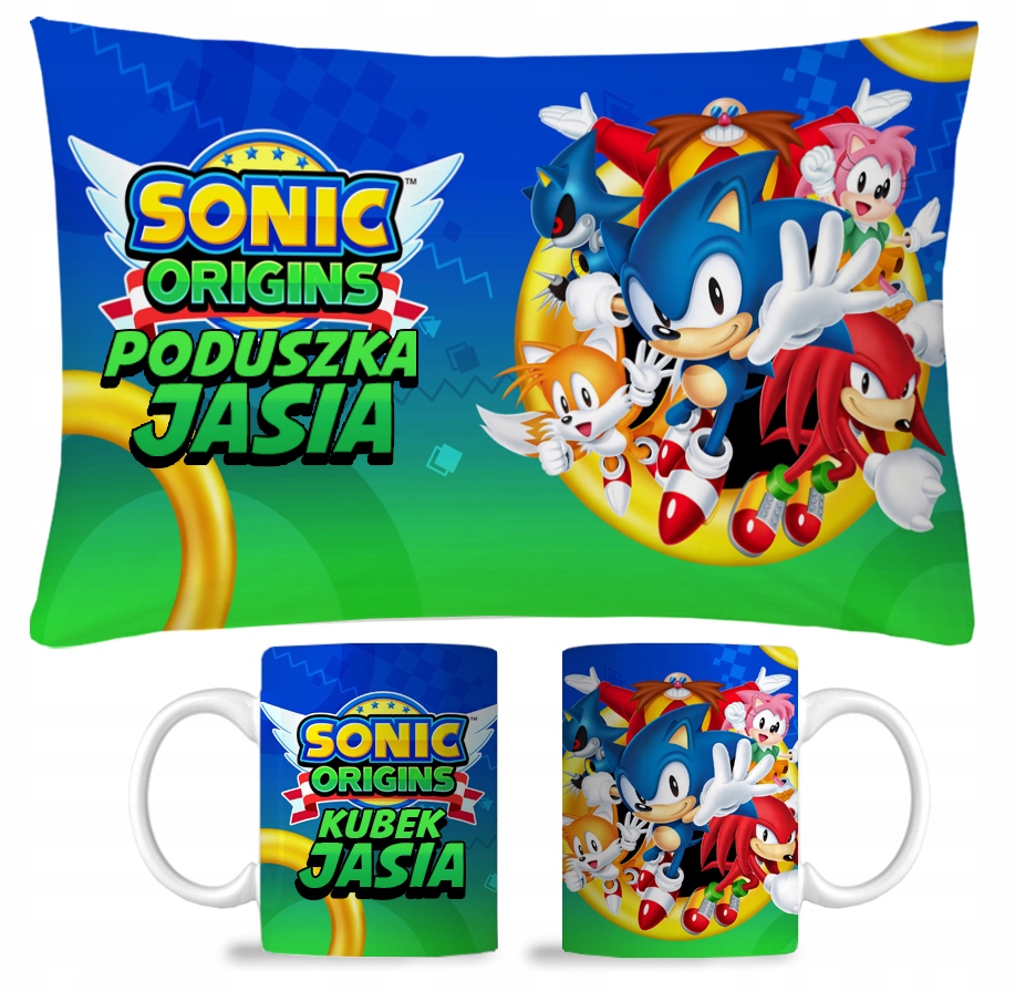 ZESTAW KUBEK + PODUSZKA SONIC + IMIĘ PREZENT