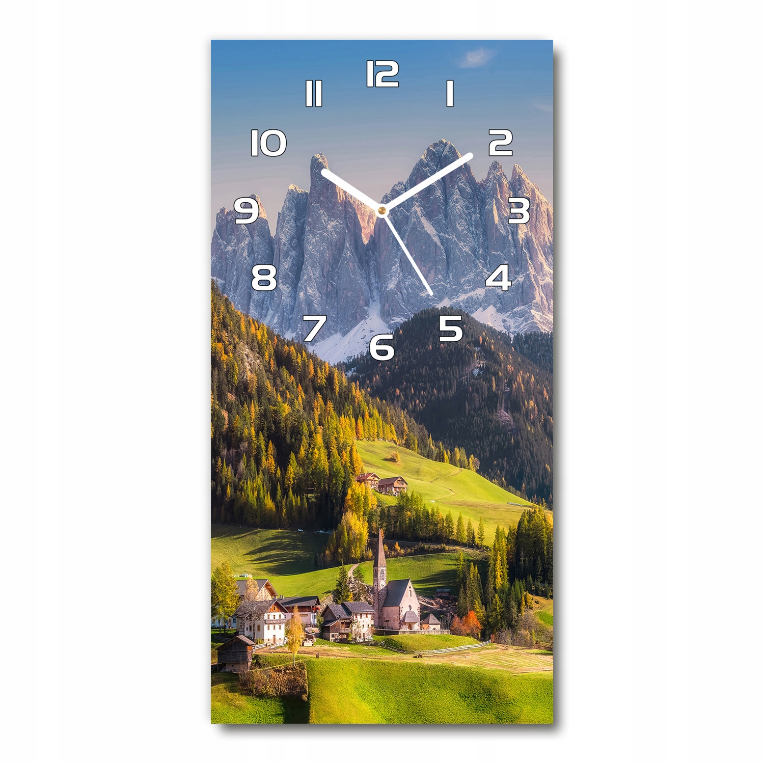 

Zegar ze szkła na ścianę Miasteczko w górach 30x60