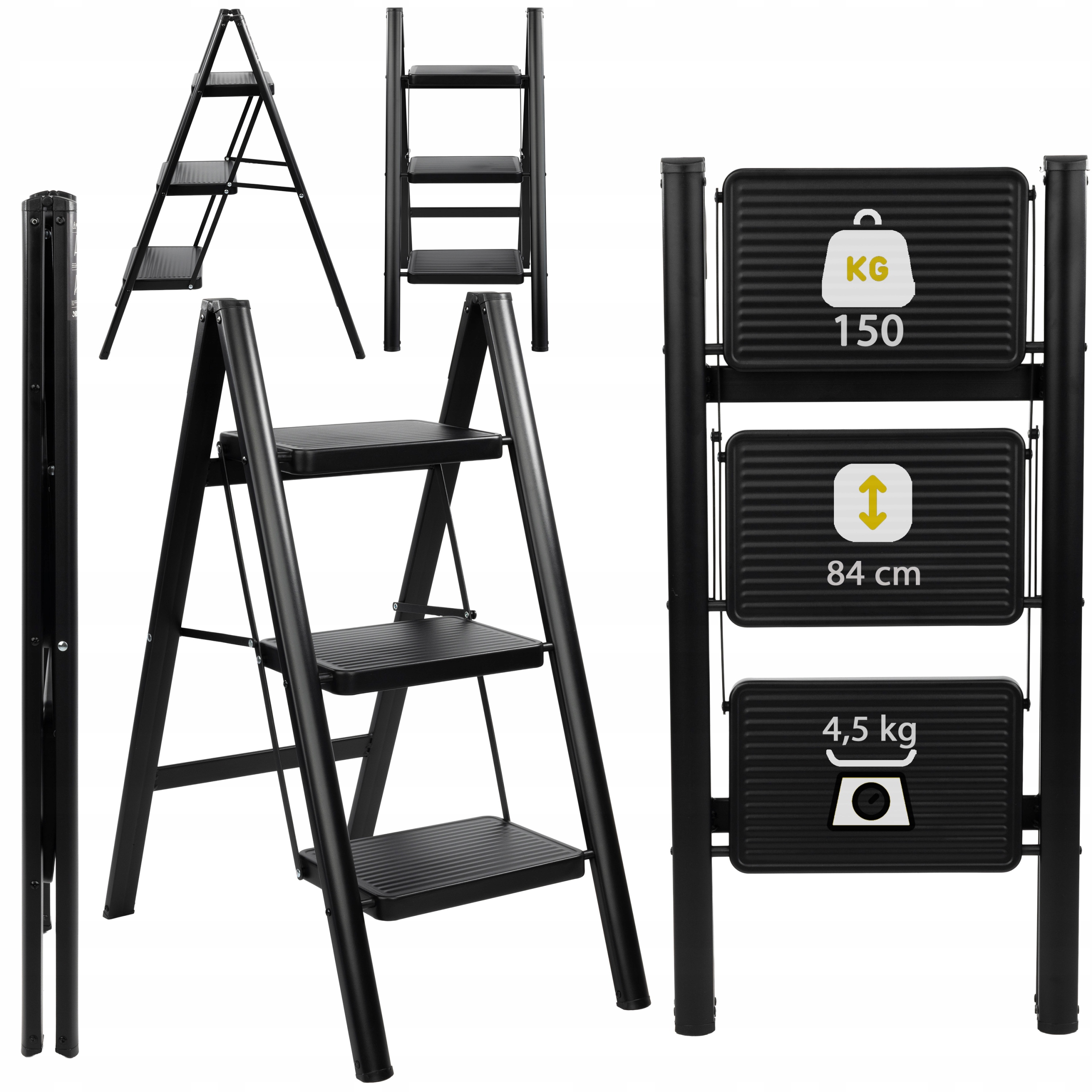 Drabina 3 Stopniowa Stalowa Domowa Schodkowa Składana Lekka 150kg Czarna
