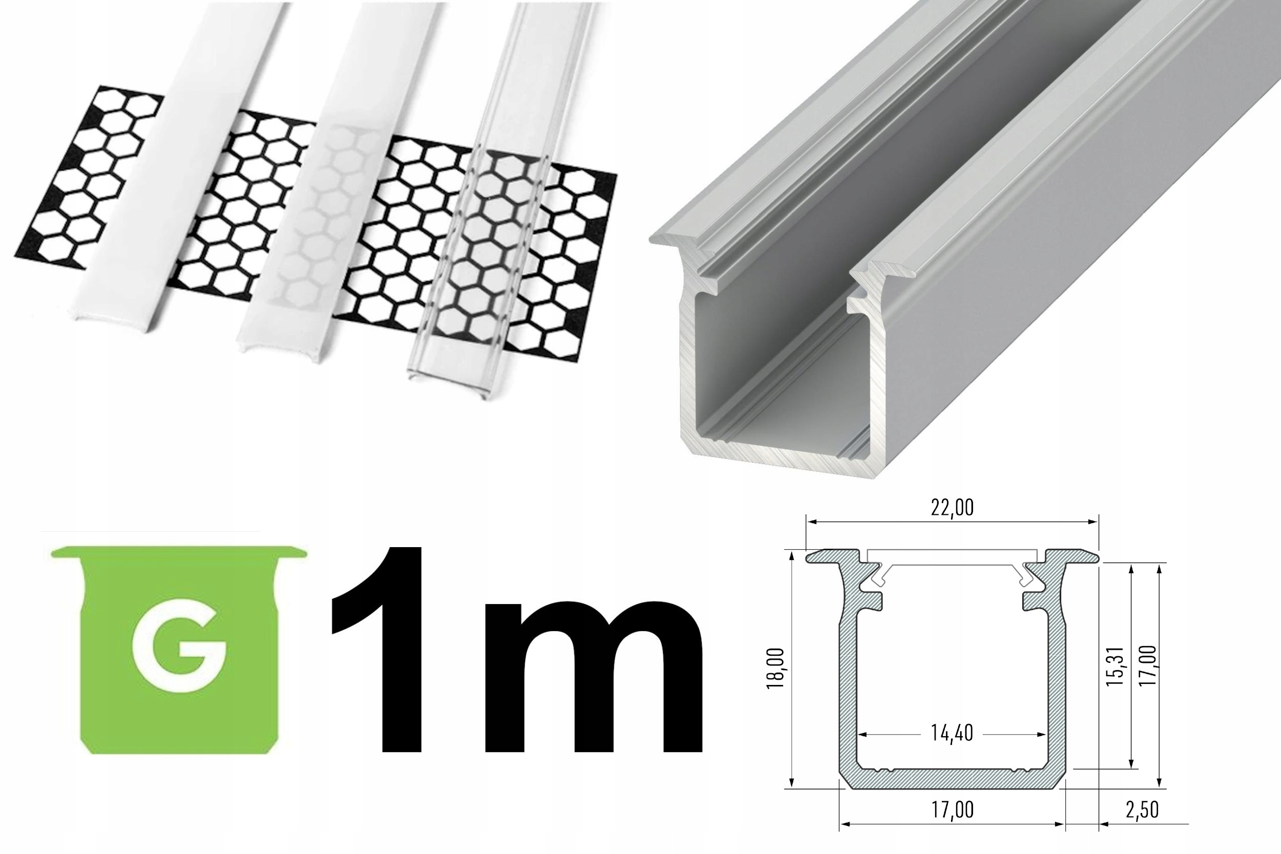 PROFIL DO TAŚMY LED wpuszczany G +KLOSZ1m SREBRNY