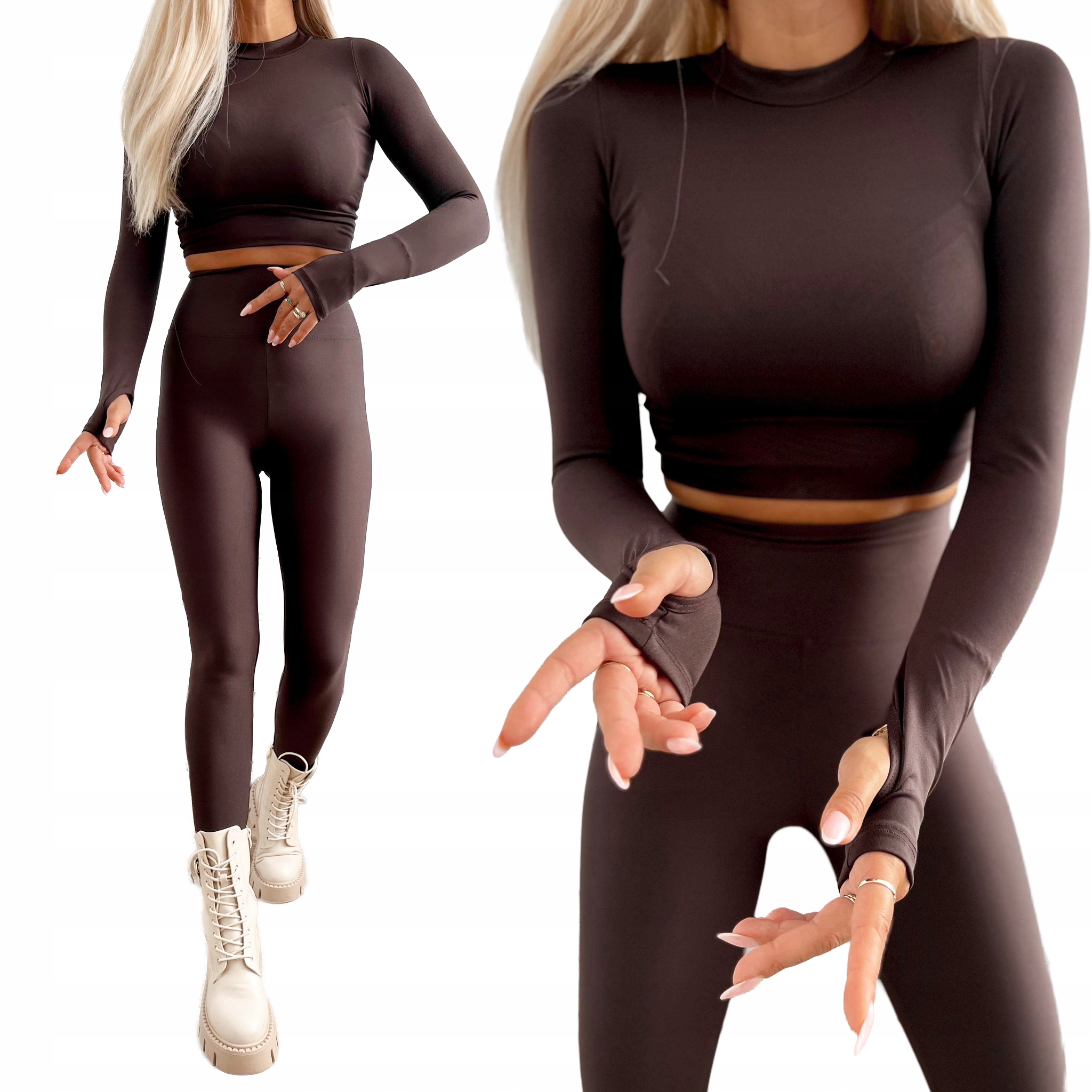 Komplet Czekoladowy bluzka leginsy wysoki stan Dopasowany modny M