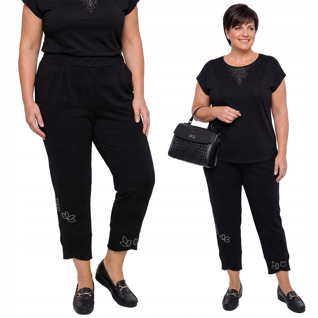 Černé 7/8 kalhoty se stříbrnými květy plus size velikost 48/50