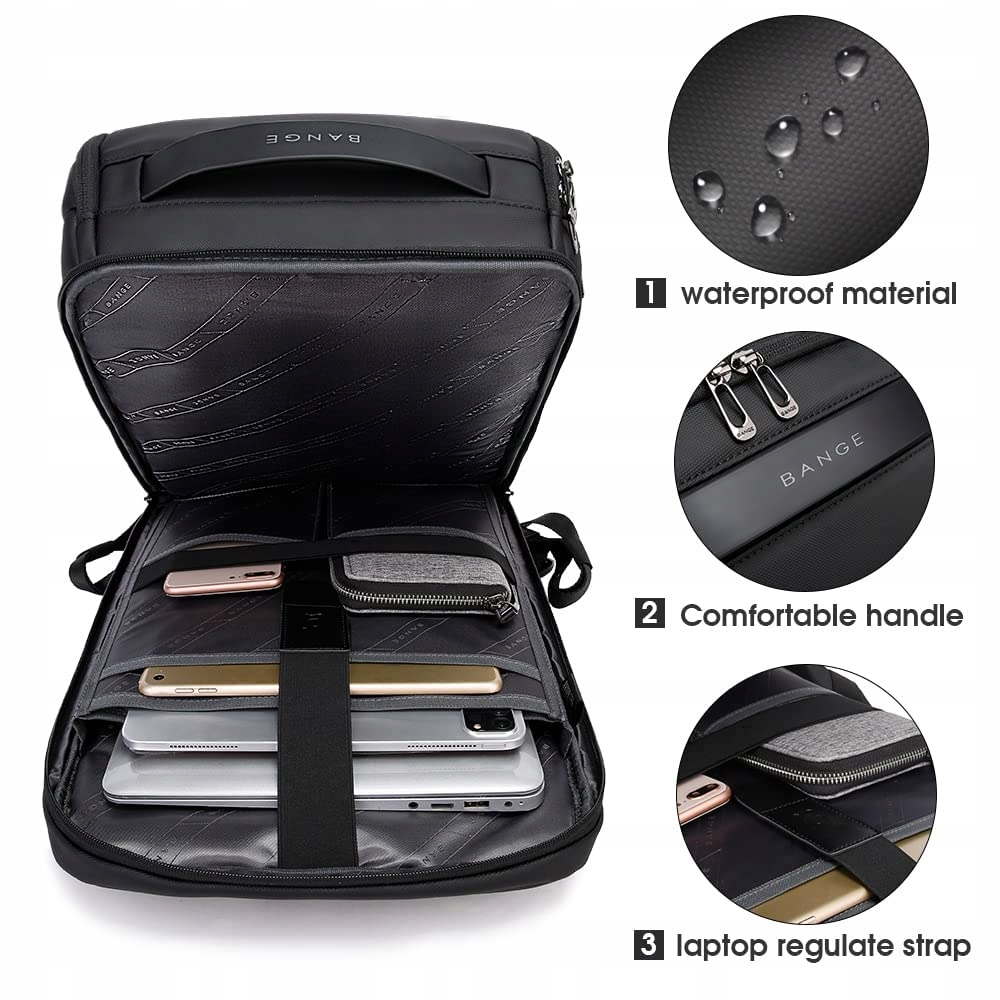 BANGE Plecak Biznesowy Wodoodporny Na Laptop 15,6 Cal Z USB Czarny — miniatura 3