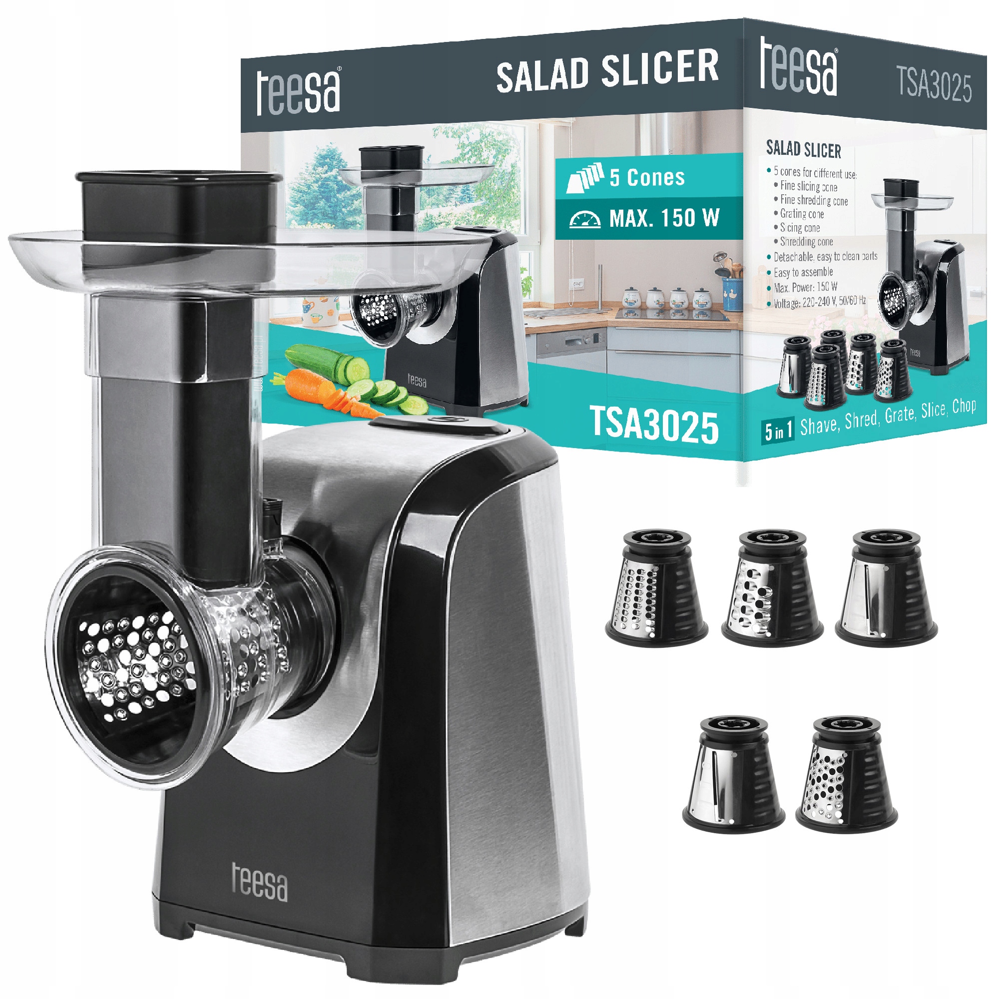 Elektryczna szatkownica do warzyw Teesa TSA3025 150W w zestawie 5 tarek