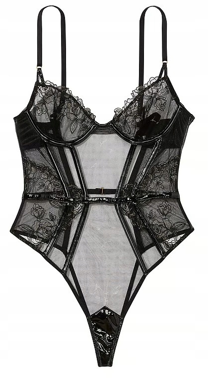 Vyšívané body s lakovanými vložkami Victoria's Secret černé S