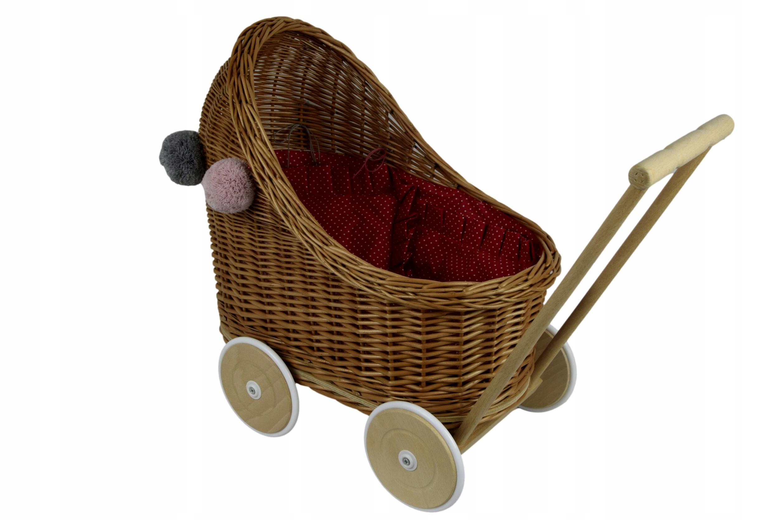 Wózek dla lalek z pościelą WIKLINOWY pompony Marka Wiklinowe Cuda