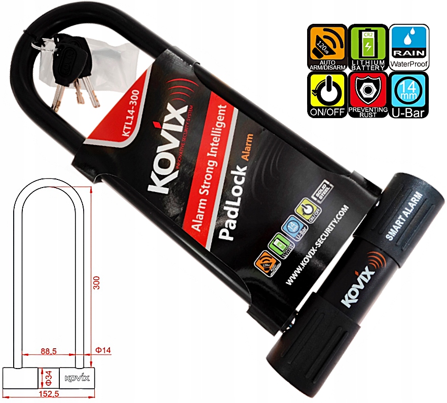 Bezpečnostní Zapínání U-lock S Alarmem Kovix 120 dB Kolo Koloběžka Motor