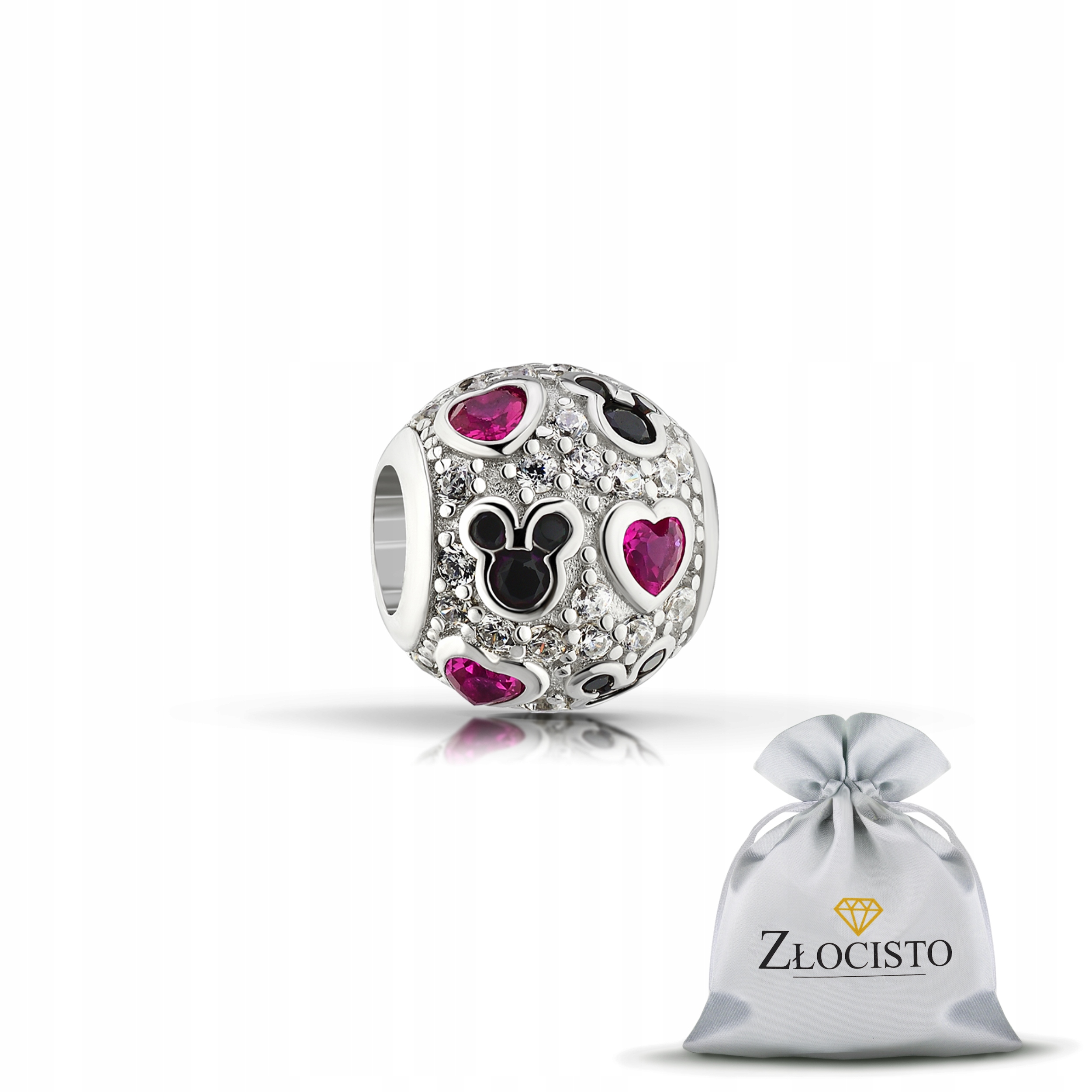Stříbrný Přívěsek Kulička Zirkony S Růžovými Srdíčky Černý Mickey Mouse