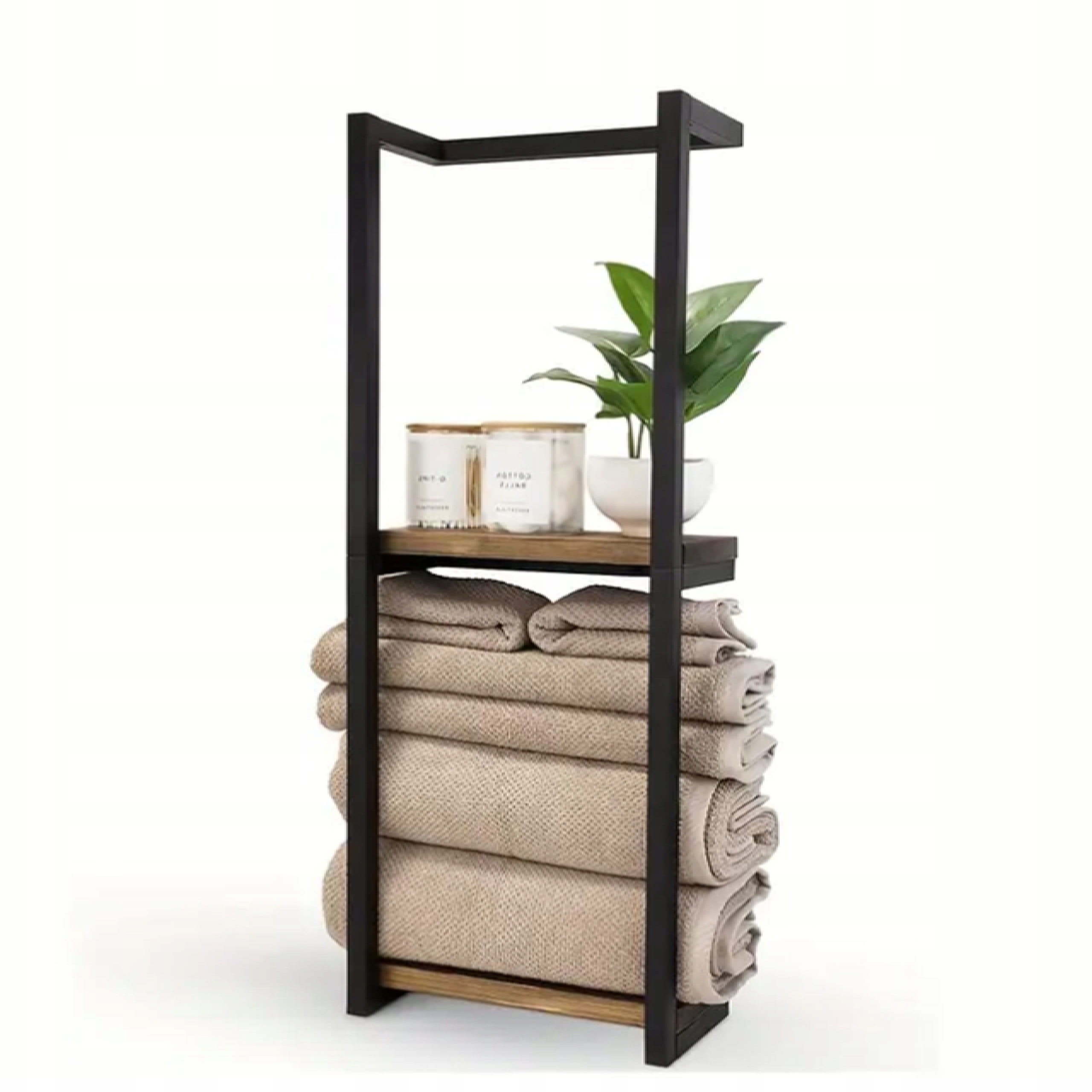 Závěsná koupelnová police Černý nástěnný regál s dřevěnými policemi