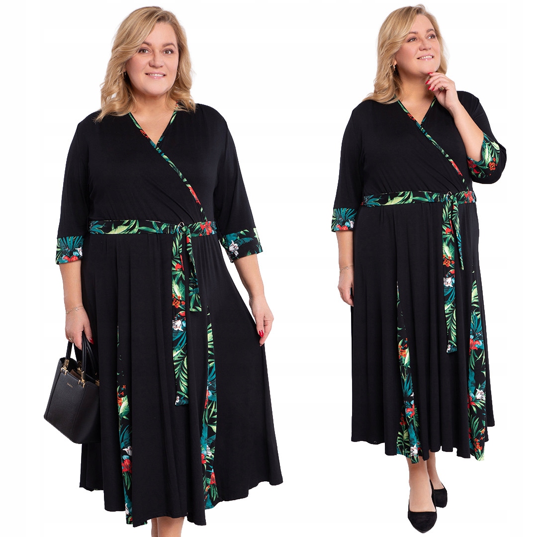 Černá šaty s listy a páskem 56