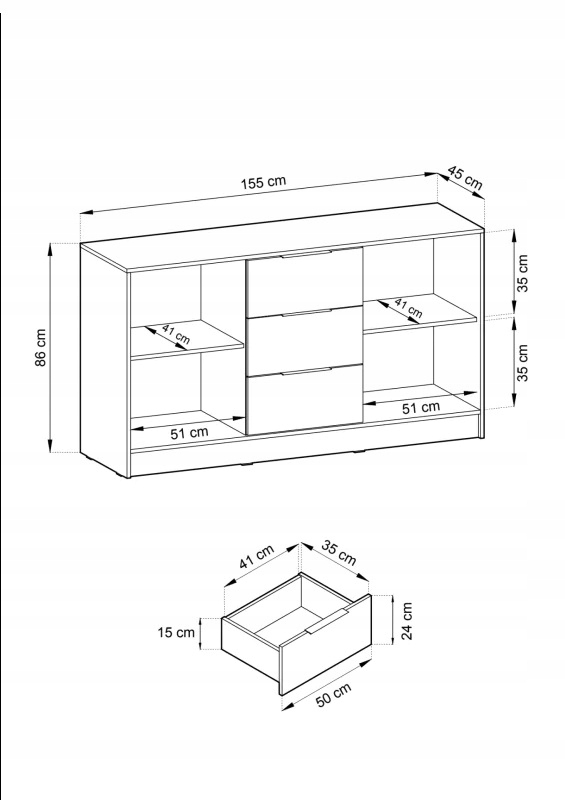 Komoda LETTO 155 lamele grafit szuflady Szerokość mebla 155 cm