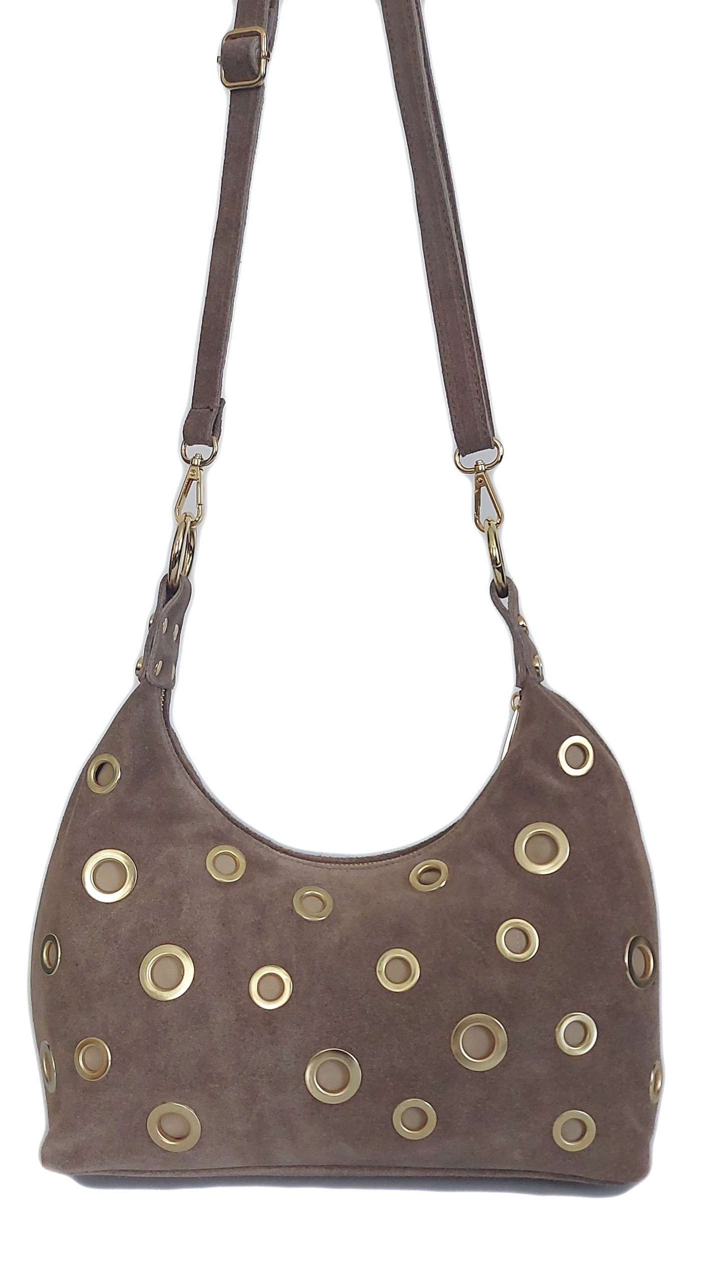 Italská kožená kabelka přes rameno Vera Pelle semišová zlatá kolečka Béžová