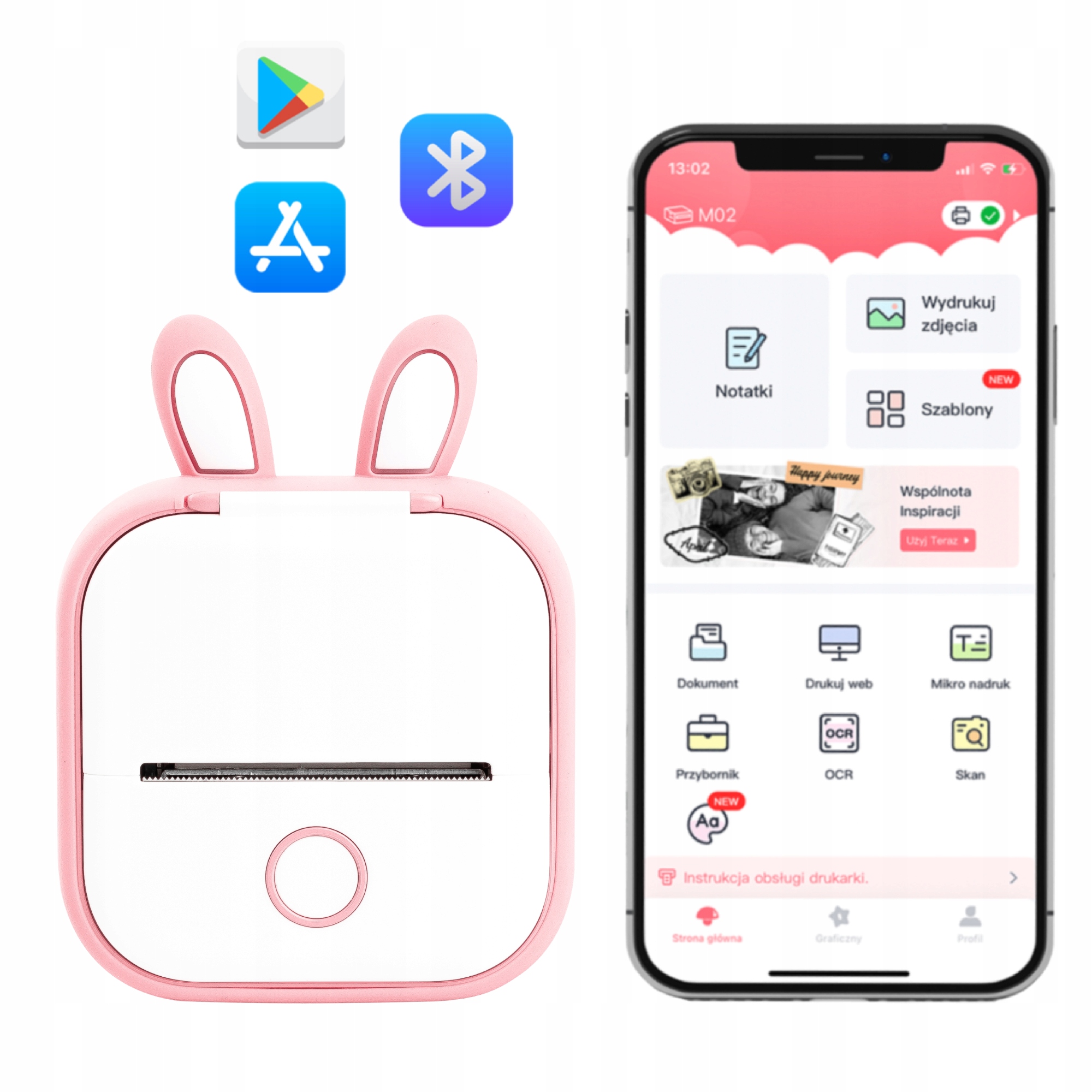 Mini drukarka termiczna Phomemo T02 Różowy KRÓLIK etykiet samoprzylepnych Producent Phomemo