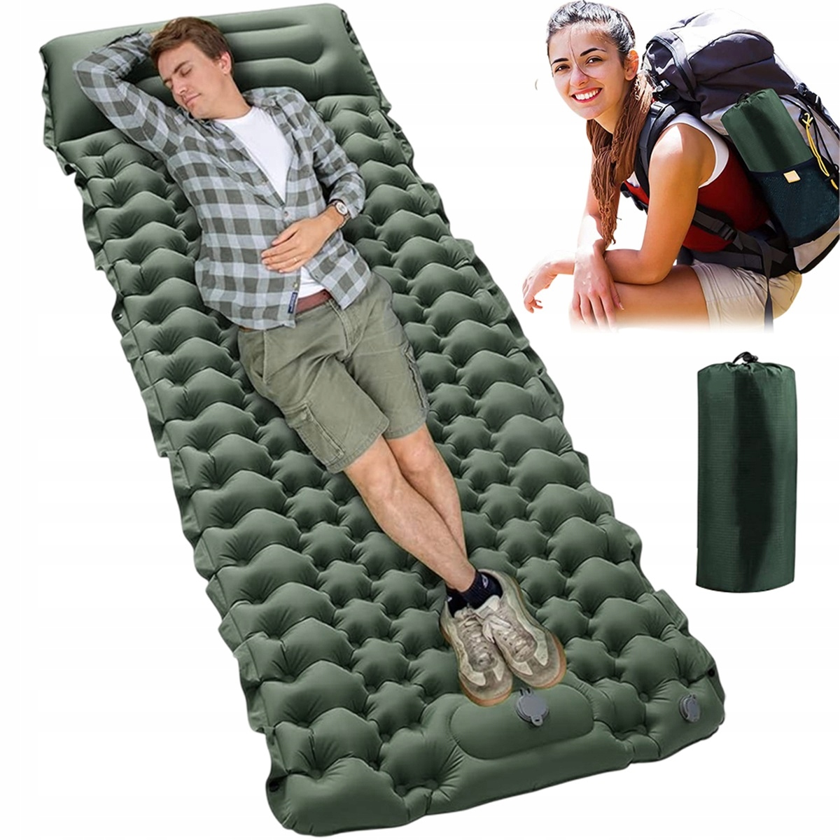 Nafukovací treková podložka s nožní pumpou voděodolná vojenská zelená