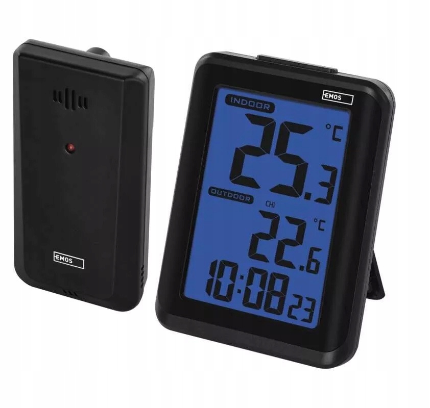 Termometr cyfrowy czytelny bezprzewodowy czarny do 50m z zegarem datą Emos