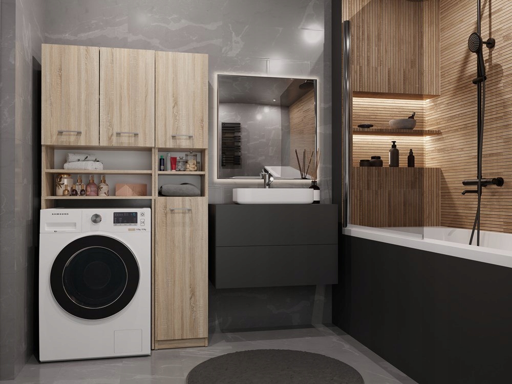 ZESTAW ŁAZIENKOWY MARPOL REGAŁ MARBELA SZAFKA NAD PRALKĘ POLA DĄB SONOMA Szerokość mebla 96 cm