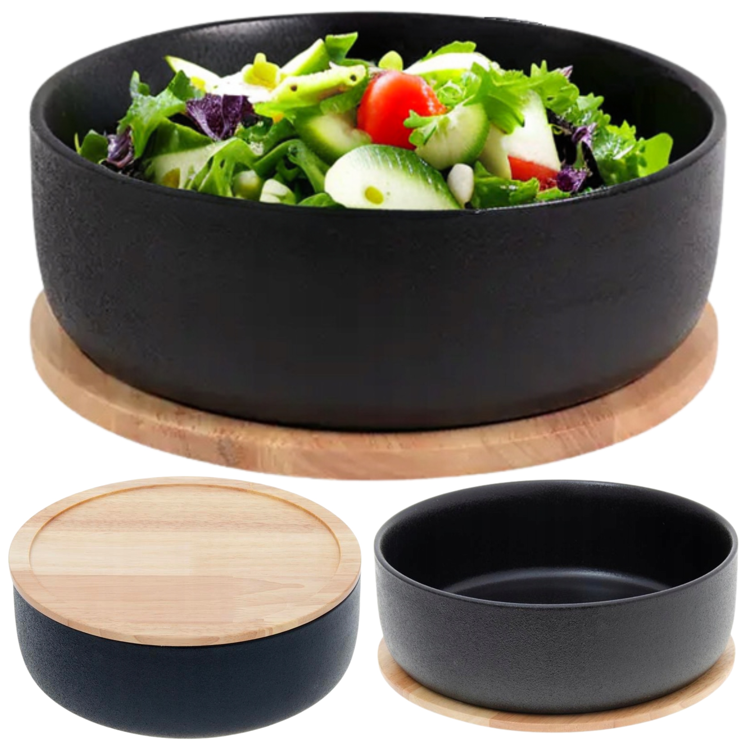 Salátová Miska Porcelánová Černá S Přílohou Na Salát 24 CM