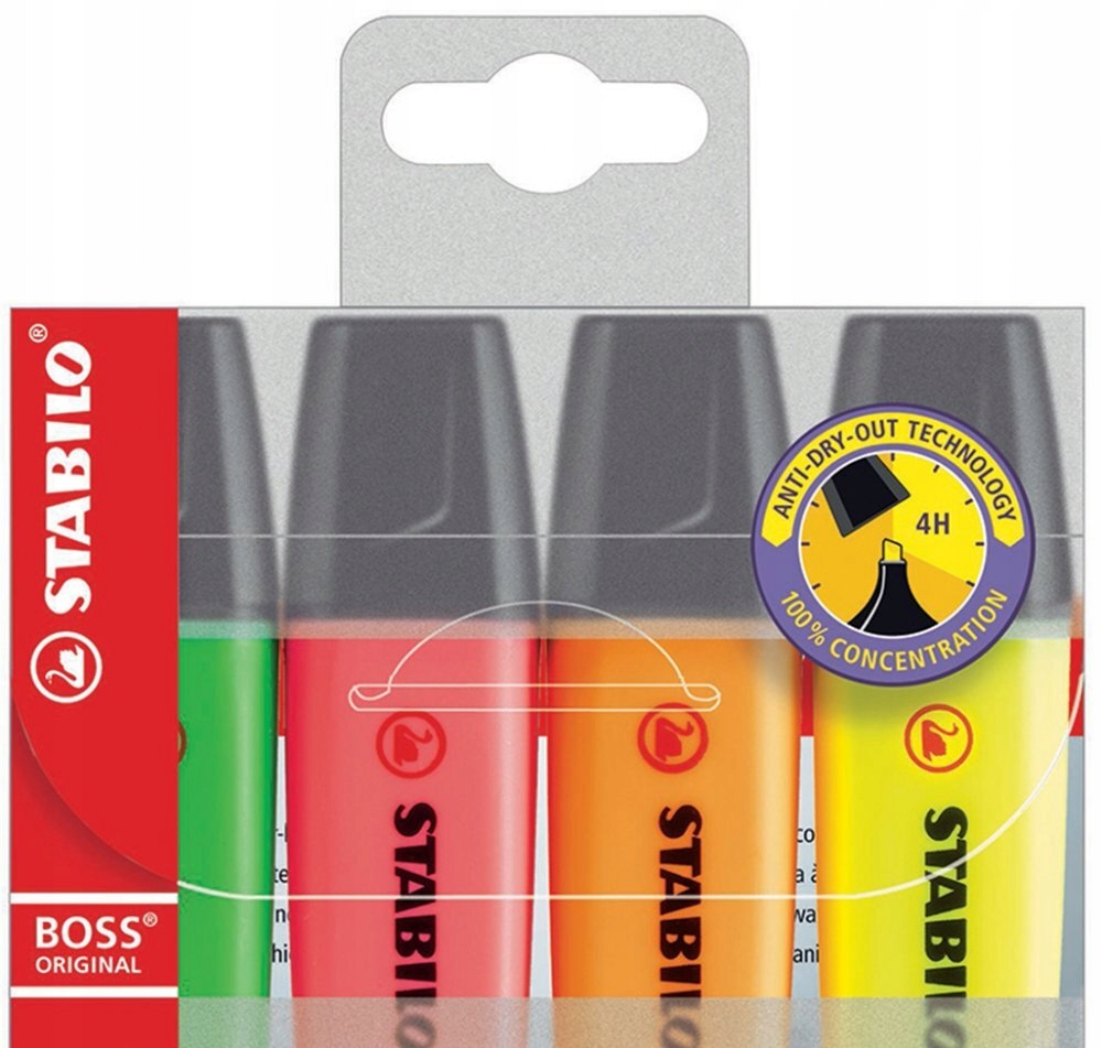 ZAKREŚLACZ PODKREŚLACZ Stabilo Boss Original MIX 4 KOLORÓW ZESTAW x 4 Stan opakowania oryginalne