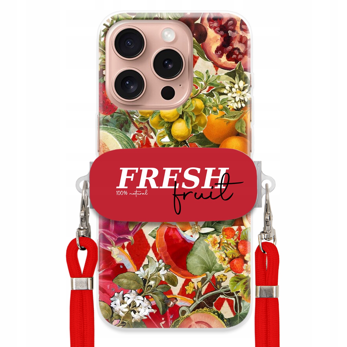 Puzdro pre iPHONE 16 Pro Červené Crossbody vodítko držiak Fresh Fruit Ovocie