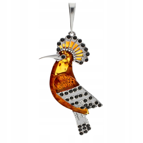 Stříbrný Ptáček dudek přívěsek s baltským Jantarem a zirkony Stříbro 925
