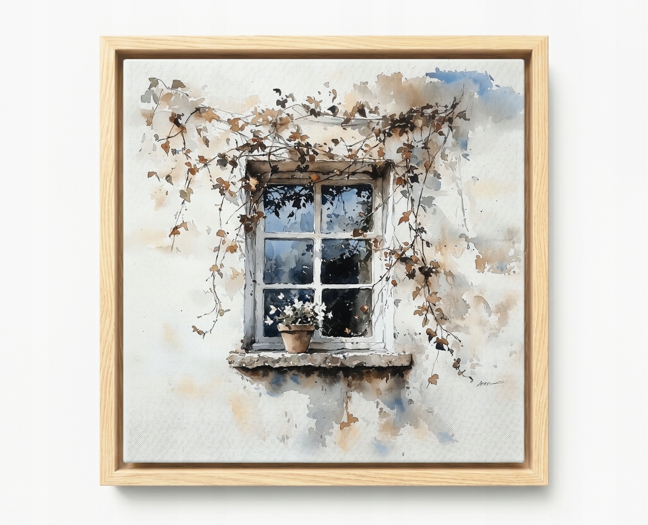 Obraz Rám Americký Box Okno Břečťan Květináč Květiny Popínavý Akvarel 60x60