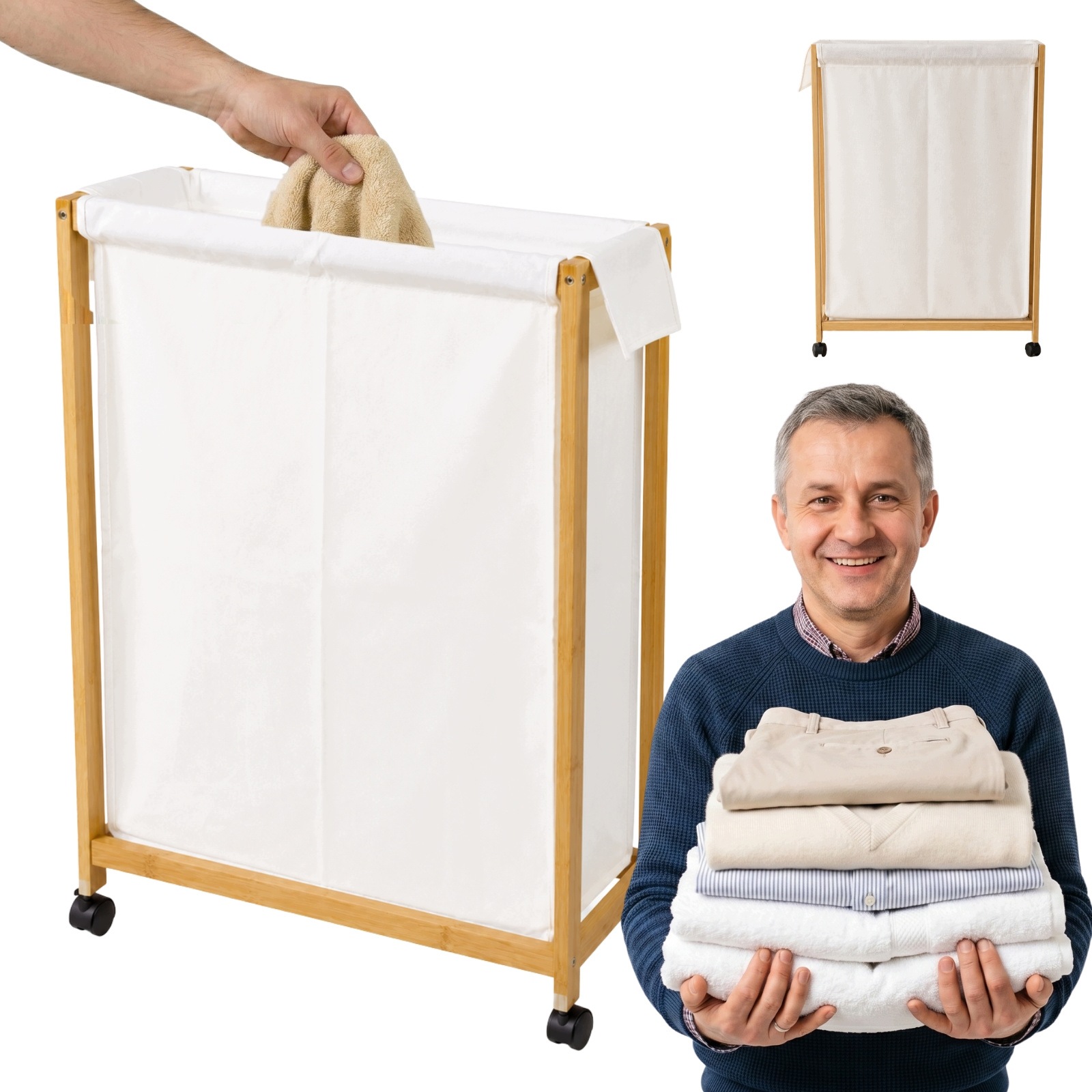 Bambusový Koš Na Prádlo Na Kolečkách 55X28X80 CM Béžový Do Koupelny