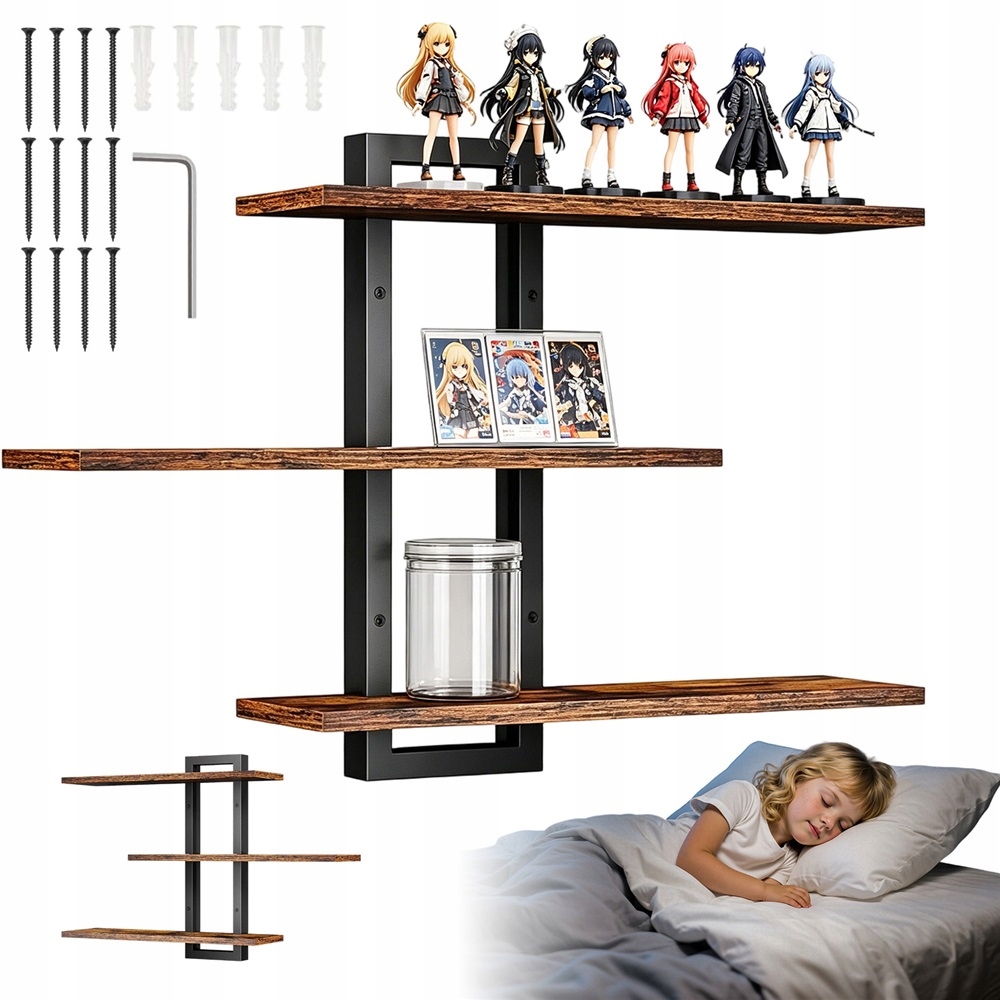 Półki Wiszące Loftowe Vintage Industrialne Czarne ścienne Loft Drewno Metal
