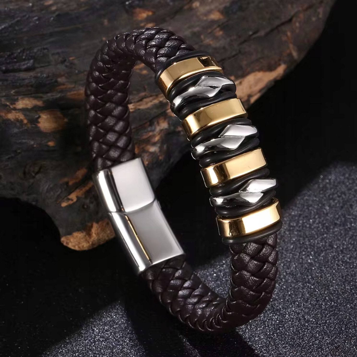 Kožený náramek z oceli Brown Zlatý Černý Silné zapínání na Magnet