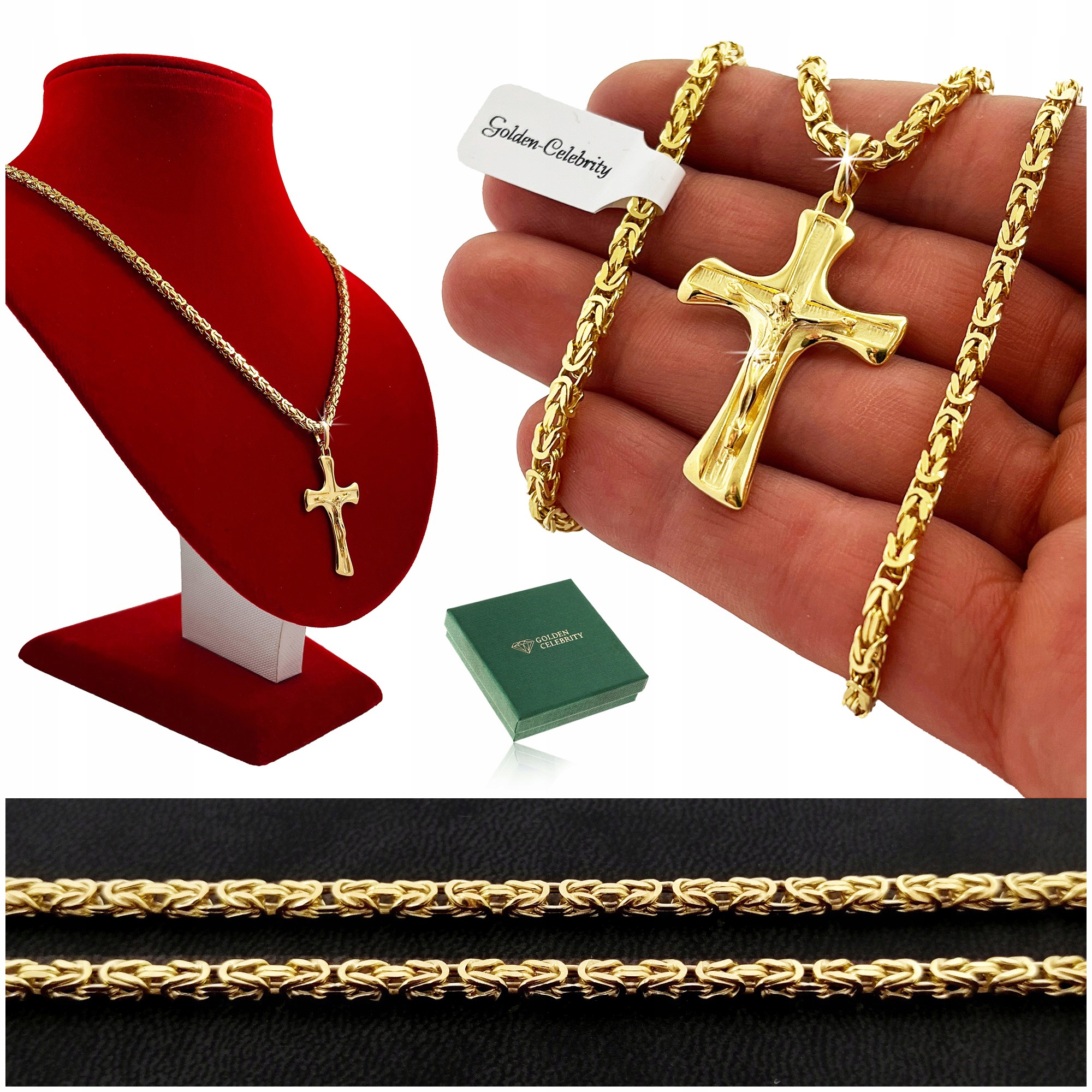 ZŁOTY ŁAŃCUSZEK SPLOT KRÓLEWSKI + KRZYŻ 925 KOMUNIJNY DLA CHŁOPCA + GRAWER