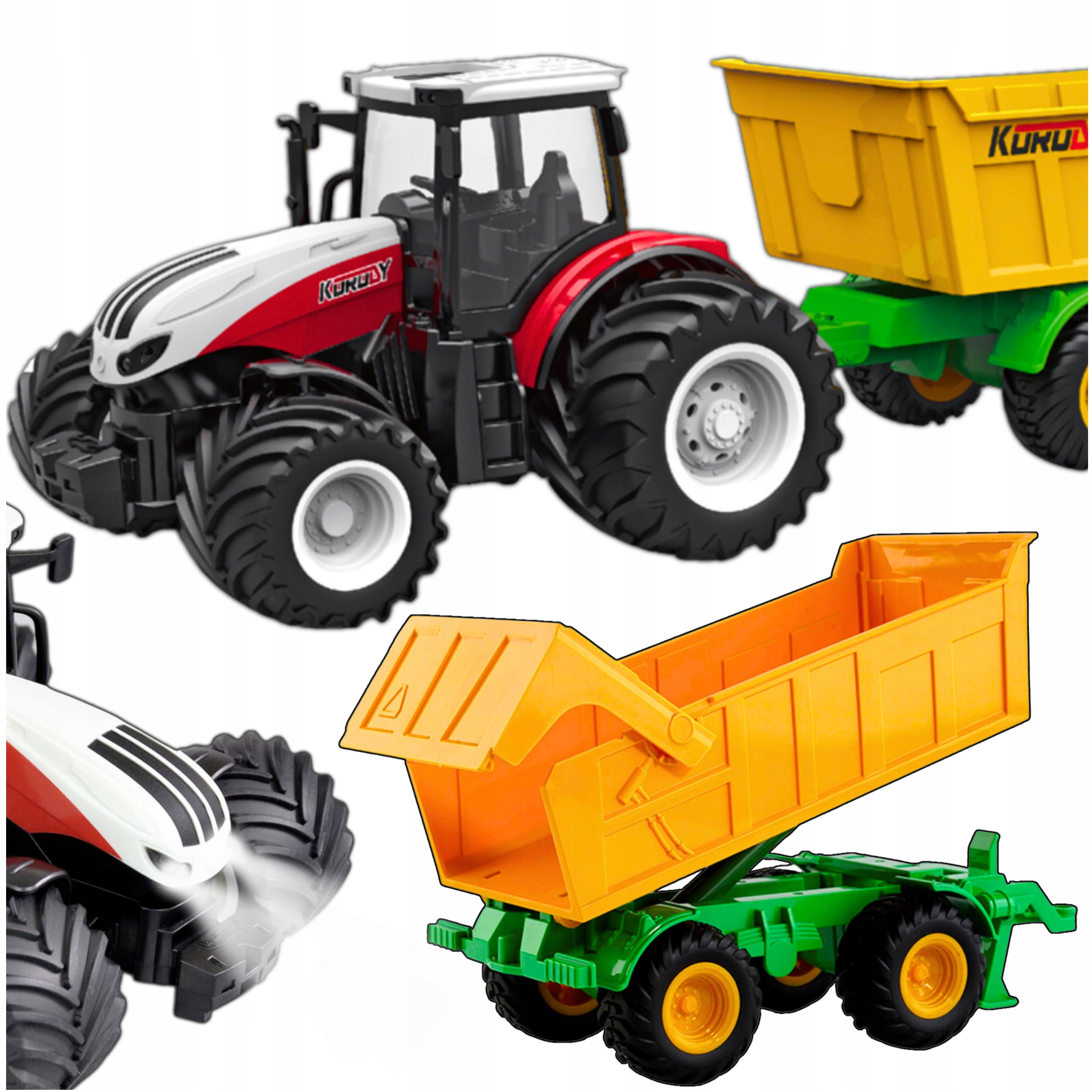 TRAKTOR Z PRZYCZEPĄ ZDALNIE STEROWANY DUŻY GRUBE OPONY ROLNIK ŚWIATŁA LED