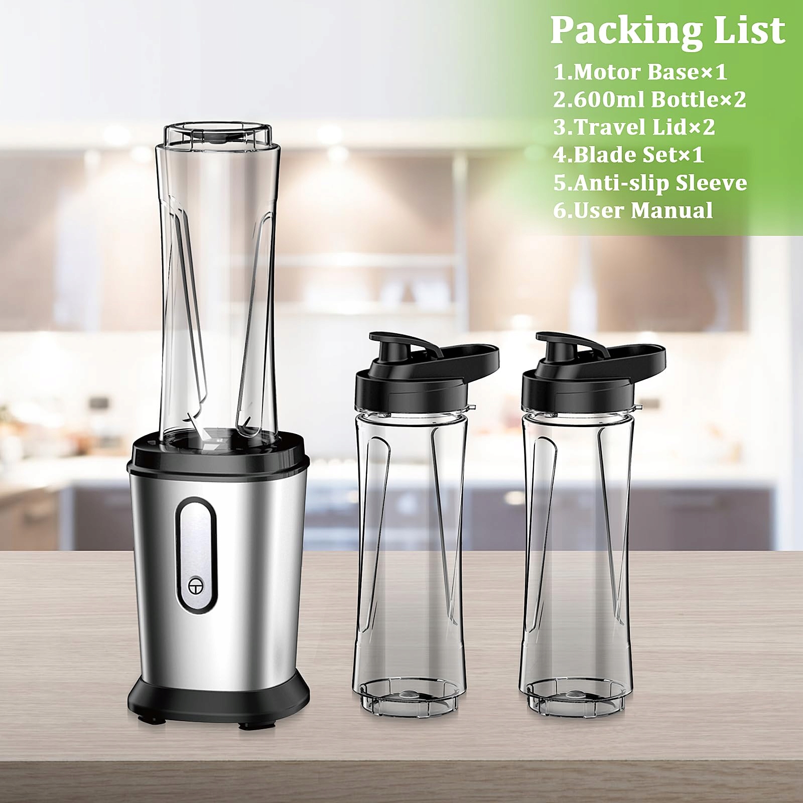 Qxmcov Blender 500W Mini Smoothie Maker 2x600ml BPA Free Stal Nierdzewna — miniatura 9