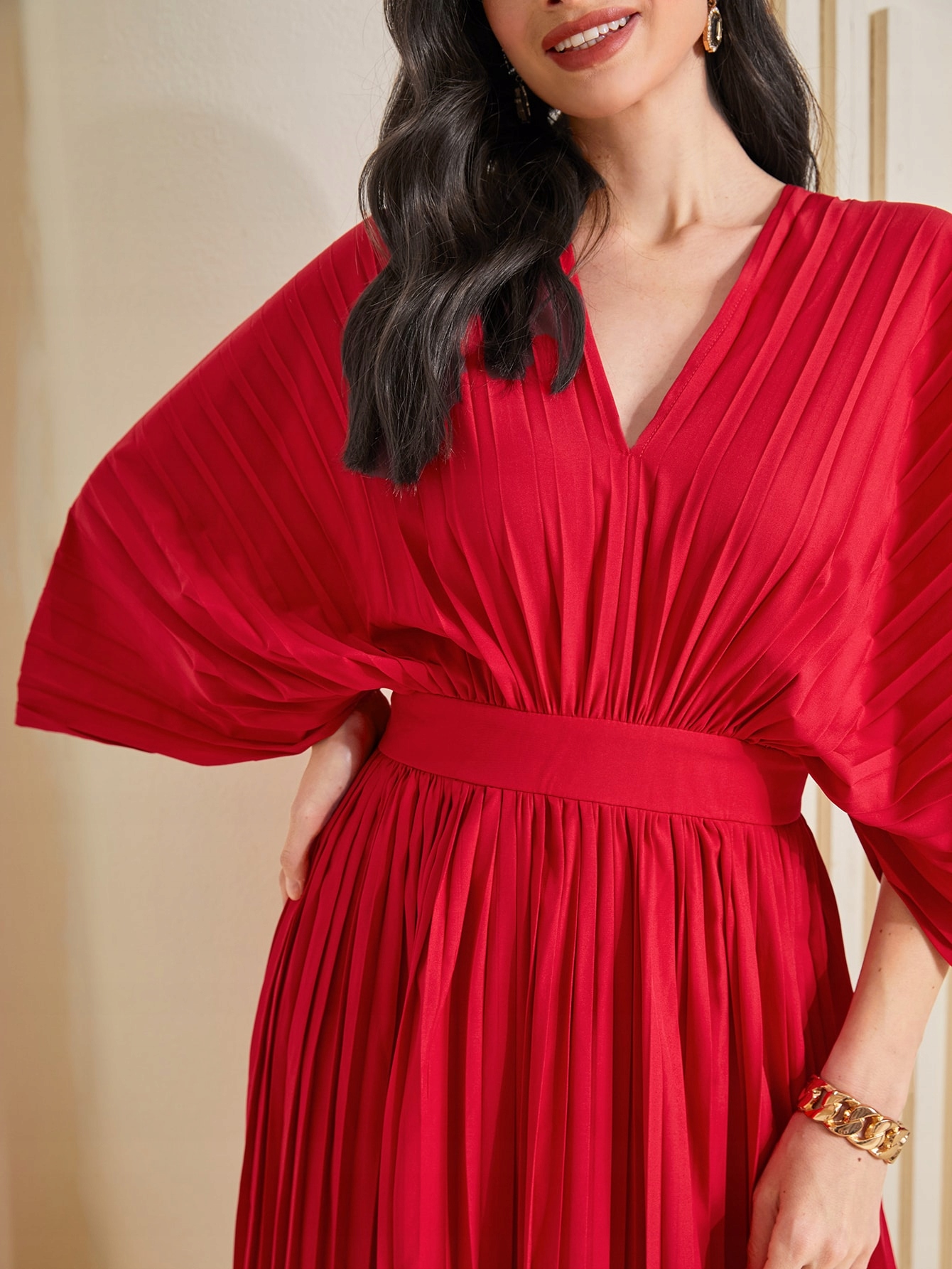 Šaty Maxi Plisovaná S Netopýřími Rukávy Červená Shein S 36